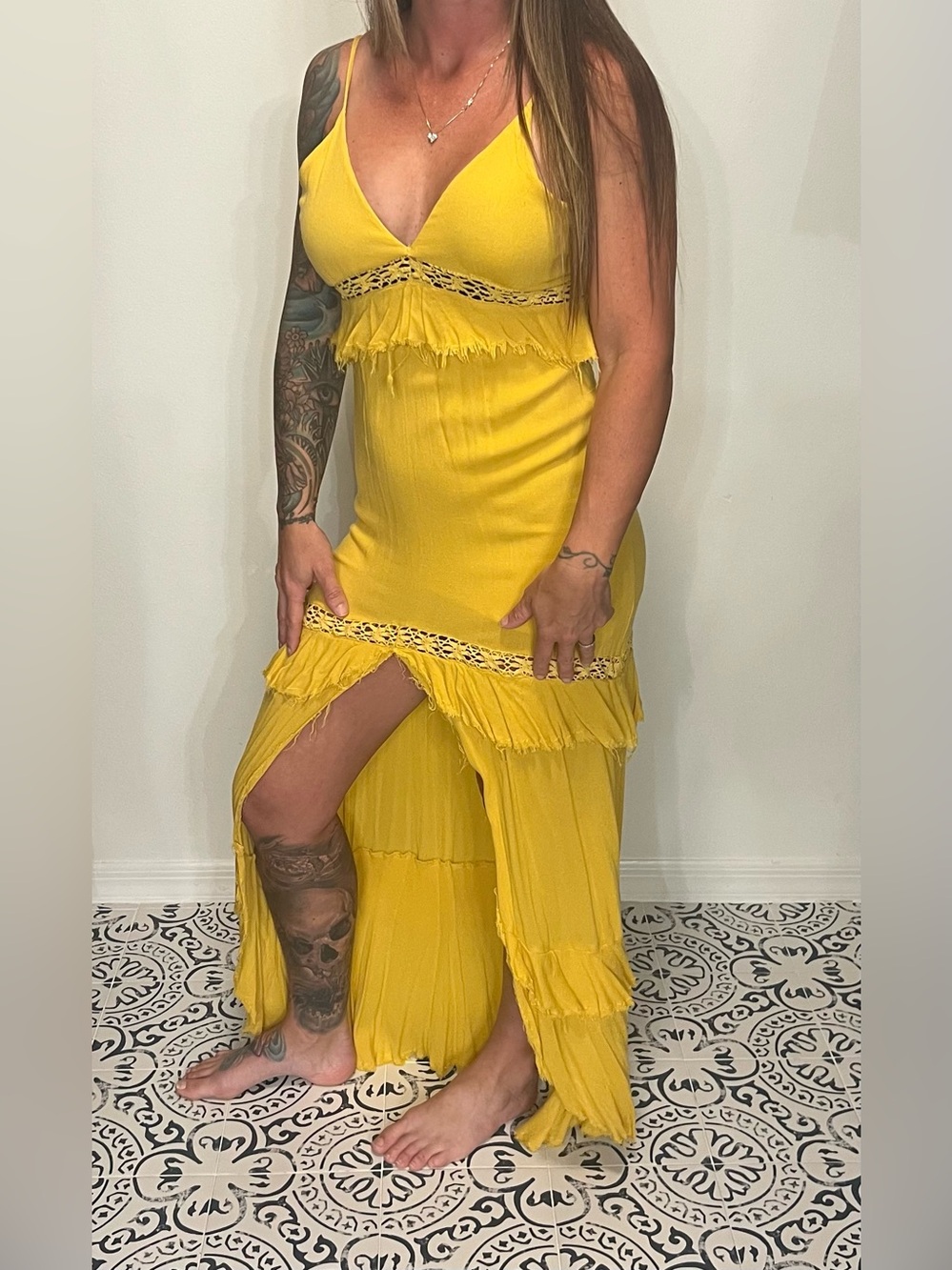 Cotton Candy Mustard Lace Maxi Dress